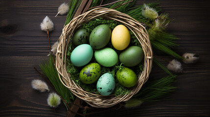 Multicolored easter eggs in a basket on a black wooden background. The concept of a holiday and a happy Easter. And place for text