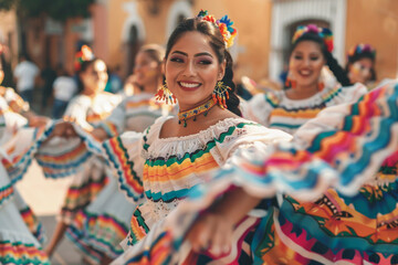 Portrait of a beautiful Mexican woman dancing traditional Folklorico dance on the street. Cinco de Mayo parade.  - obrazy, fototapety, plakaty
