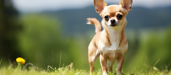 Curious Little Pooch Explores Vast Green Meadow Under Clear Blue Skies - obrazy, fototapety, plakaty