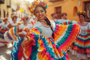 Portrait of a smiling Mexican woman in a colourful dress dancing traditional Folklorico dance on the street. Cinco De Mayo celebration.  - obrazy, fototapety, plakaty