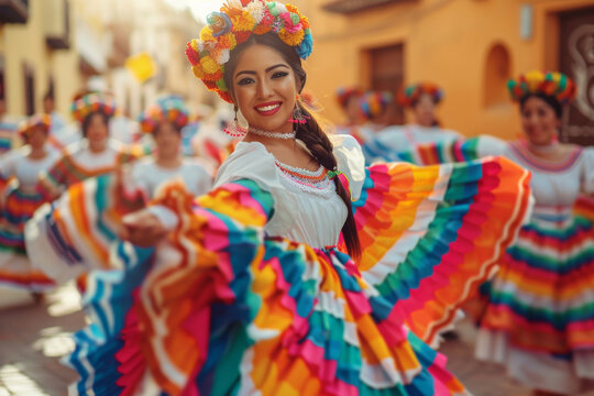 Portrait of a smiling Mexican woman in a colourful dress dancing traditional Folklorico dance on the street. Cinco De Mayo celebration. 