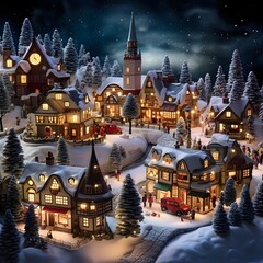 Fototapeta na wymiar 3D illustration of a small village in the middle of a snowy night
