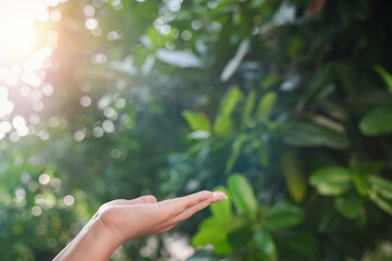 Technology, hand holding with environment Icons over the Network connection on green background.