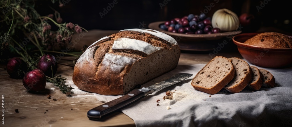 Canvas Prints Rustic Charm: Freshly Baked Bread, Knife, and Fruity Delight in a Cozy Kitchen Setting