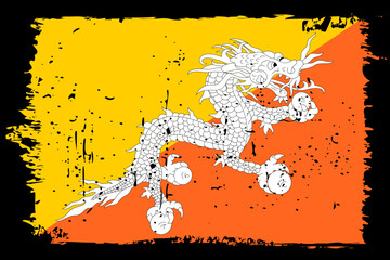 Bhutan flag - vector flag with stylish scratch effect and black grunge frame.
