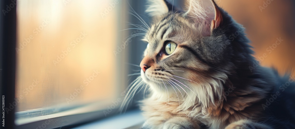 Poster Curious Cat Silhouetted on a Cozy Window Sill at Twilight