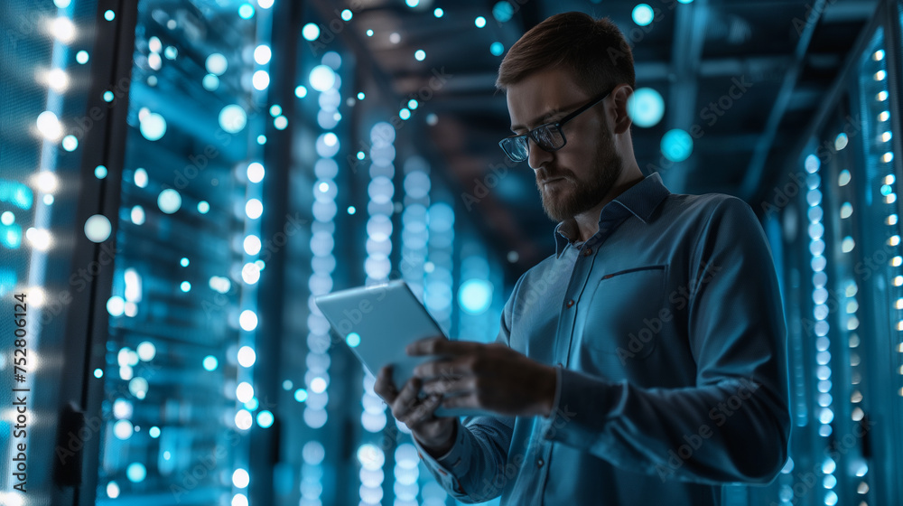 Poster cyber security expert or it engineering holding a tablet working at data server of technology compan