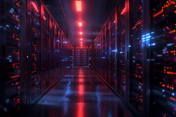 Fototapeta premium Server room with neon high contrast lighting. Neural network generated image. Not based on any actual scene or pattern.