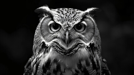Closeup of an owl or owl with a stern look on a black