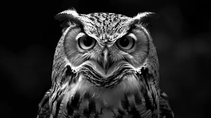 Poster Closeup of an owl or owl with a stern look on a black © Johnu