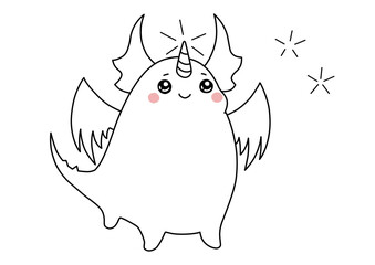 Cute Winged Dragon with glowing horn. Black and white doodle vector illustration, isolated on a white background. Children character design for coloring book, card, print on t-shirt, bag, notebook. 