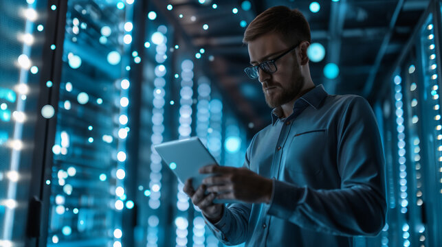 cyber security expert or IT engineering holding a tablet working at data server of technology company, digital data security analysis modern cyber tech network 