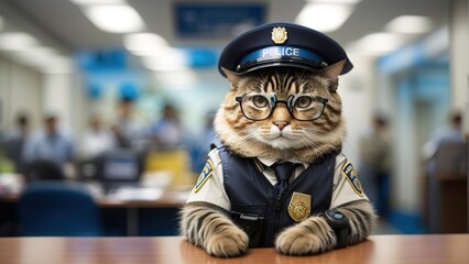 Cat become police, wearing glasses and hat, inside police station