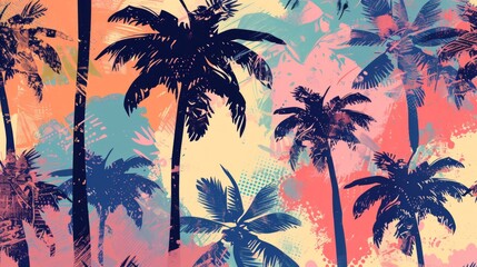 Colourful Retro Tropical palm trees silhouettes , Island , Leaves , flower repeat in retro style. Vector art Hand drawn illustration for summer design, print, exotic wallpaper, textile, fabric