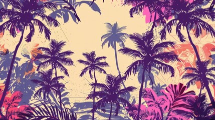 Fototapeta na wymiar Colourful Retro Tropical palm trees silhouettes , Island , Leaves , flower repeat in retro style. Vector art Hand drawn illustration for summer design, print, exotic wallpaper, textile, fabric 