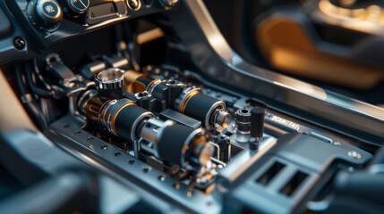 Fototapeta premium The engine roared to life as the piston moved up and down within the cylinder, lubricated by a fresh coat of oil, while the car shifted gears smoothly, all parts working in perfect harmony.