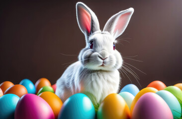 Easter bunny and colorful easter eggs on dark gray background. Happy Easter concept