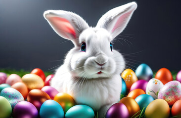 Easter bunny and colorful easter eggs on gray background. Happy Easter concept