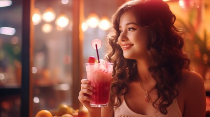 Obraz na płótnie Canvas A radiant girl with a glowing complexion enjoying a berry smoothie, her laughter echoing the bright ambiance of the caf?