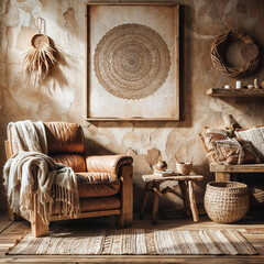Rustic chair near stucco wall with textured poster frame.