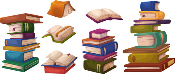Book stack and single, closed and open in cartoon vector illustration set. Tall and small pile of literature with paper pages, colorful hardcover and bookmarks for education and reading concept.