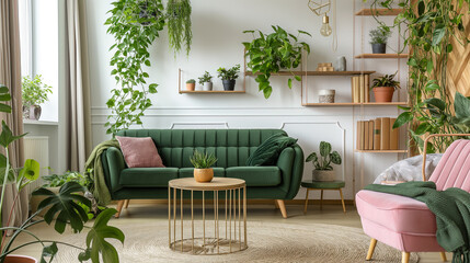 Naklejka premium Green Sofa and pink armchair in spacious living room. Generative AI