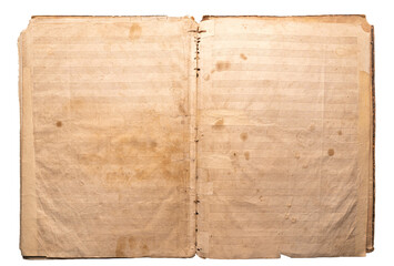 Spread of an old music notebook. Compiled paper with staff lines. Background. Texture.