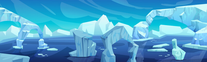 Arctic landscape with iceberg in ocean or sea. Cartoon vector illustration of blue polar scenery with glacier snow mountain and ice blocks floating in water. Cold northern horizon with floe. - obrazy, fototapety, plakaty