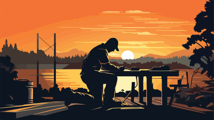 Fototapeta na wymiar Vector silhouette of a man working with tools at suns