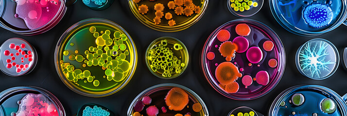 photograph of many petri dishes with different bacterial experiments growing in each one. top down black background. colorful bacteria.