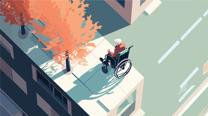 View from above man in wheelchair flat vector