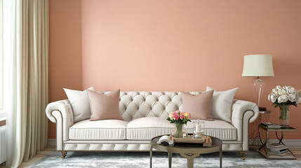 Living Room have sofa with peach color paint wall. Generative AI
