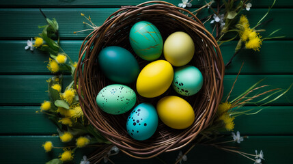 Fototapeta na wymiar Basket with painted Easter eggs and willow branches on light wooden background