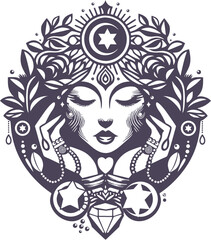 a graceful feminine face with leaves and a diamond and the moon and a star logo icon