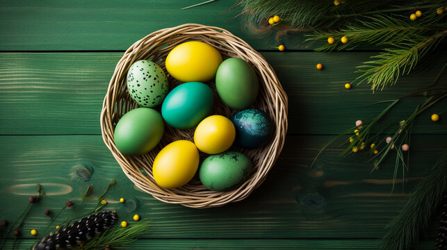 Basket with painted Easter eggs and willow branches on light wooden background