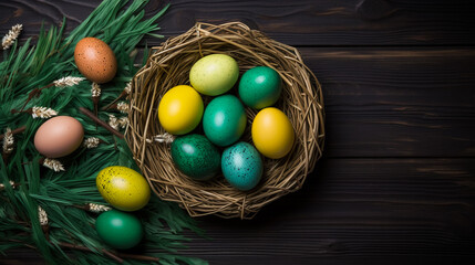 Multicolored easter eggs in a basket on a black wooden background. The concept of a holiday and a happy Easter. And place for text
