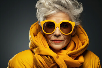 Portrait of a funky luxurious fashionable adult woman with stylish hairstyle wearing bright sunglasses and yellow clothes