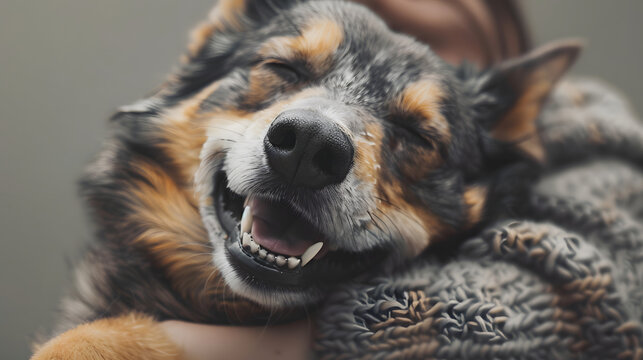 a dog is laughing while being hug by a human, in the style of creative commons attribution, uhd image, graflex speed graphic, photorealistic art, gray and amber, lively facial expressions, tooth wu
