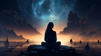 Silhouette of the spirit of the universe, woman practicing meditation yoga, spiral galaxy