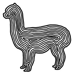 Naklejka premium A series of animals in hand drawn fingerprint style. An alpaca in black outline on transparent background. Drawing of animal for coloring book, logo or background design.