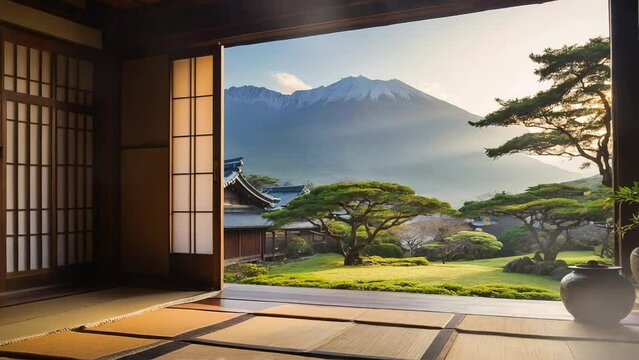 japanese tradional house with garden in the morning background with butterfly. Landscape Animation. 4K Generative AI video looping animation