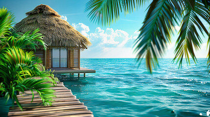 Secluded Bliss in Maldivian Waters, An Exotic Retreat Amidst Turquoise Calm, Summers Endless Dream - obrazy, fototapety, plakaty