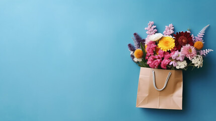 Kraft paper bag with a bouquet of wild multicolored f