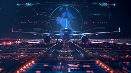 Airplane in holographic for travel and transportation concept on the plot plan drawings line graphic, design for abstract wallpaper and background	 - obrazy, fototapety, plakaty