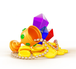 Gold coins heap with gems and jewelry 3d render. Cartoon ancient treasure with pile of money, diamonds, necklace and golden goblet for fantasy game of medieval adventure or pirates. 3D illustration