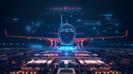 Airplane in holographic for travel and transportation concept on the plot plan drawings line graphic, design for abstract wallpaper and background	