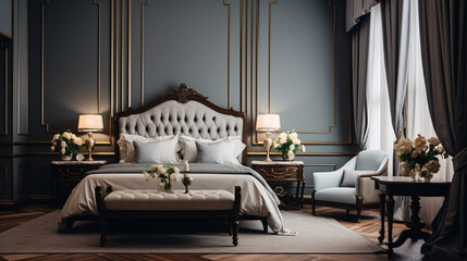 Luxury hotel bedroom interior design with bed lamp 