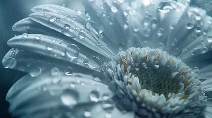 A captivating depiction of a daisy, its pristine petals embellished with raindrops that shimmer in the ideal illumination. 