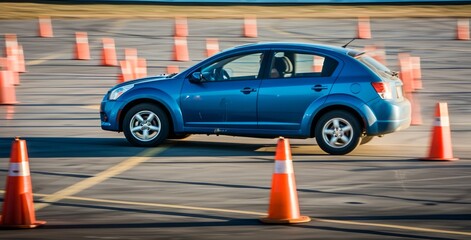 Blue car drives around orange cones