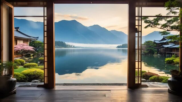 japanese tradional house with garden and lake in the morning background with butterfly. Landscape Animation. 4K Generative AI video looping animation